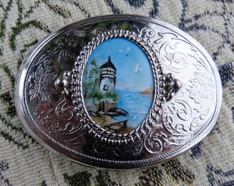 Vintage Ladies Silver Toned Detailed Belt Buckle with Hand Painted Landscape of Lighthouse and the Sea, Very Pretty Colors and Design #146