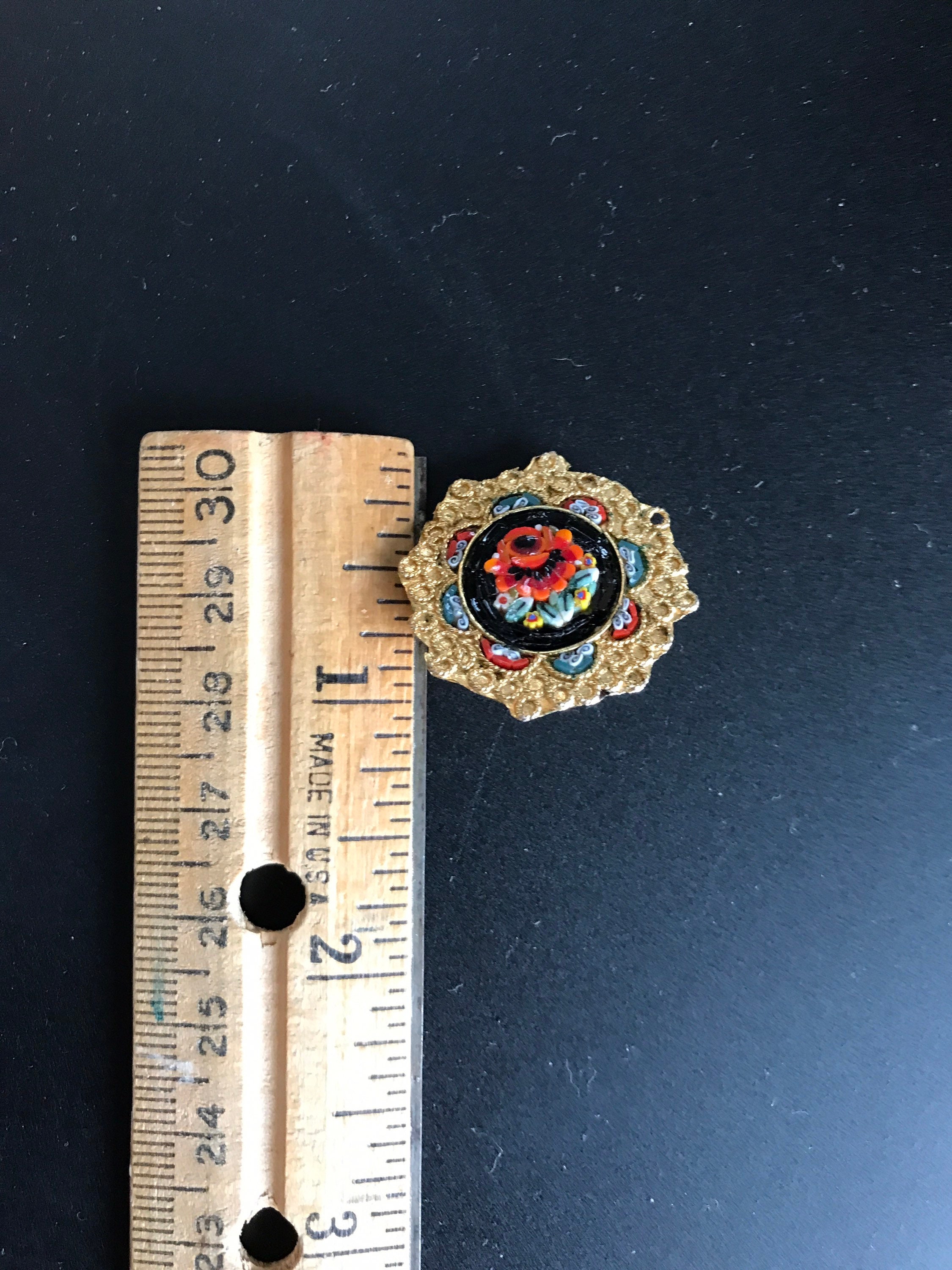 Vintage Micro Mosaic Brooch With Bright Orange Flower, Dark Border