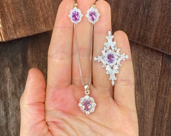 Vintage JC Sterling Jewelry Set with Necklace, Earrings and Brooch, Bright Silver and Amethyst Colored Stones #4433