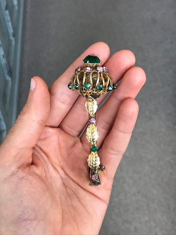 Vintage Crown with Long Base Brooch with Emerald … - image 1