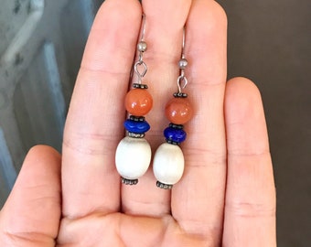 Vintage Earrings with Sterling Hooks and Three Stacked Stones of White, Blue and Orange, Lapis Lazuli, Simple #2341