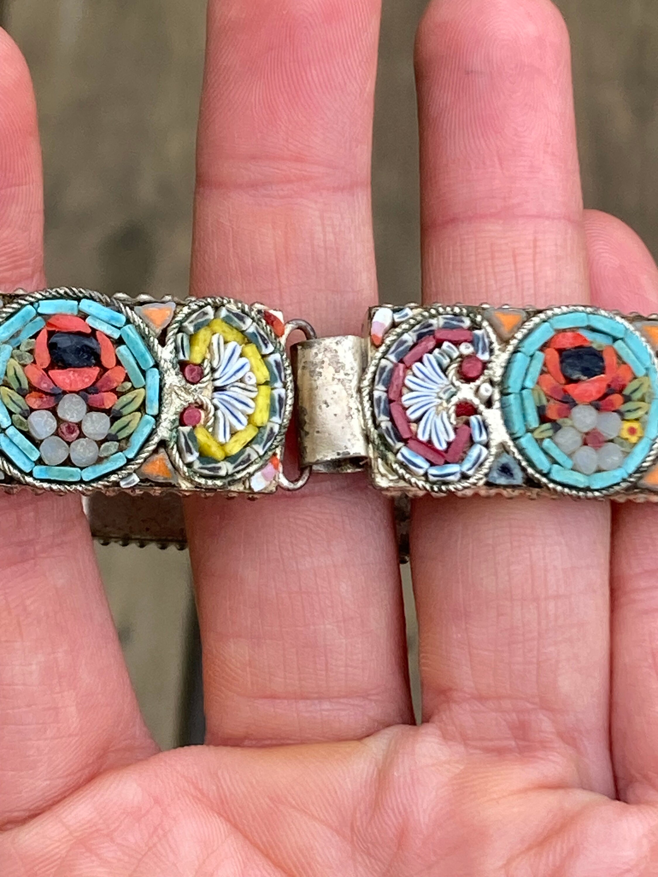 Vintage Micro Mosaic Bracelet With Wide Rectangular Segments