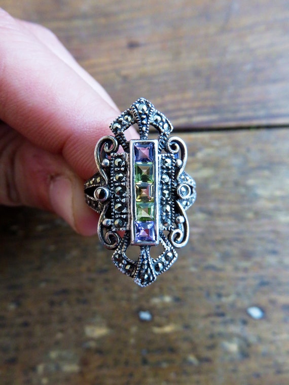 Beautiful Vintage Large Sterling Ring Studded With Marcasite and a