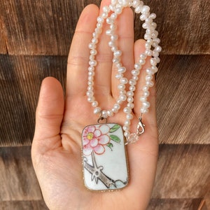 Vintage Pearl Necklace with Rectangular Cherry Blossom Painted Porcelain Pendant, Oriental Design #4085