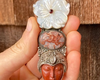 Vintage Sterling Sajen Pendant Brooch with Carved Face, Mother of Pearl Hibiscus Flower, Swirled Agate Center #3696