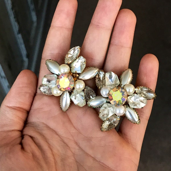 Vintage Judy Lee Floral Clip on Earrings with Layered Faux Pearls and Rhinestones Set in Gold Toned Metal, Some Corrosion As Is #2911