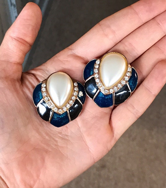 Large Costume Jewelry Clip on Earrings With Pearly Teardrop