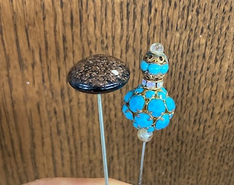 Pair of Unique Old Fashioned Hat Pins with Decorative Tops, Metal Bottoms As Is, Turquoise Beads, Sparkly Gold Glass Dome #3753