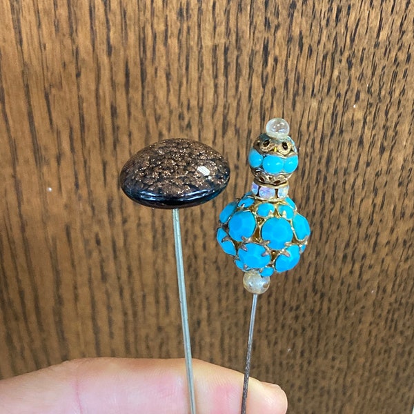 Pair of Unique Old Fashioned Hat Pins with Decorative Tops, Metal Bottoms As Is, Turquoise Beads, Sparkly Gold Glass Dome #3753