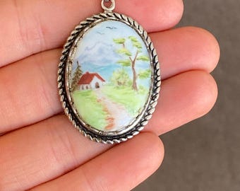 Vintage Painted Enamel Oval Pendant with Mountain Scene, Spring Colors, and Pathway to Little House #5000