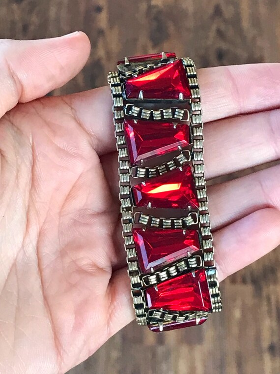 Vintage Bracelet with Ruby Red Triangular Glass P… - image 2