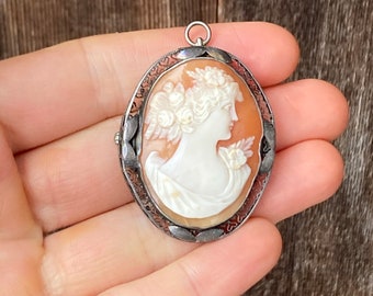Vintage Cameo Brooch Pendant with Delicate Silver Filigree Border and Detailed Carved Portrait #3757