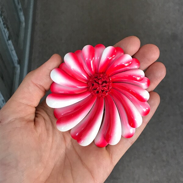 Large Vintage Enamel Metal Flower Brooch with Red and White Swirled Petals and Red Flower Center #3449