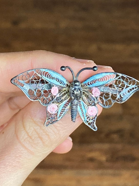 Vintage Silver Filigree Butterfly Brooch with Pal… - image 1