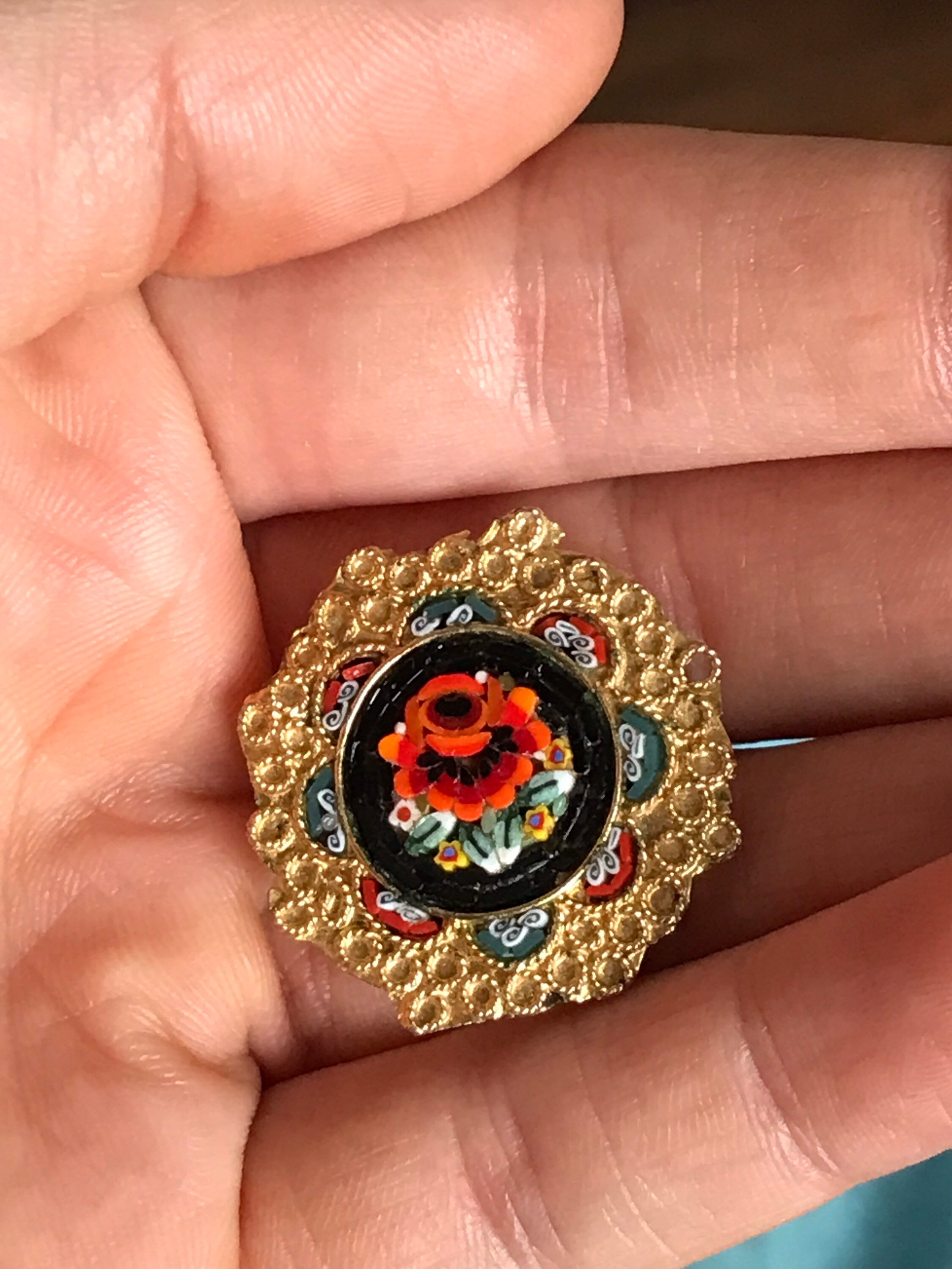 Vintage Micro Mosaic Brooch With Bright Orange Flower, Dark Border