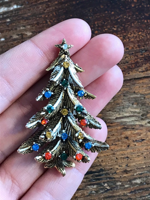 Sweet Vintage Art Christmas Tree Brooch with Oran… - image 2