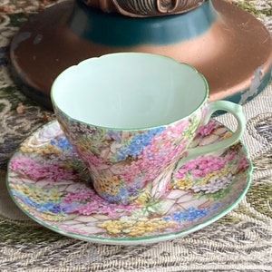 Vintage Shelley ‘Rock Garden’ Fine Bone China Cup and Saucer with Beautiful Floral Chintz Pattern and Mint Green Interior #3548