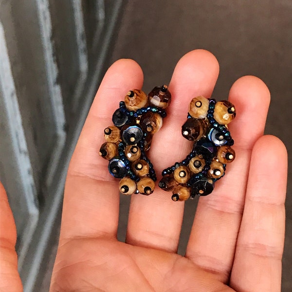 Vintage Unique Hobé Clip on Earrings with Curved Shape and Blue and Brown Beaded Front, Gold Toned #2934