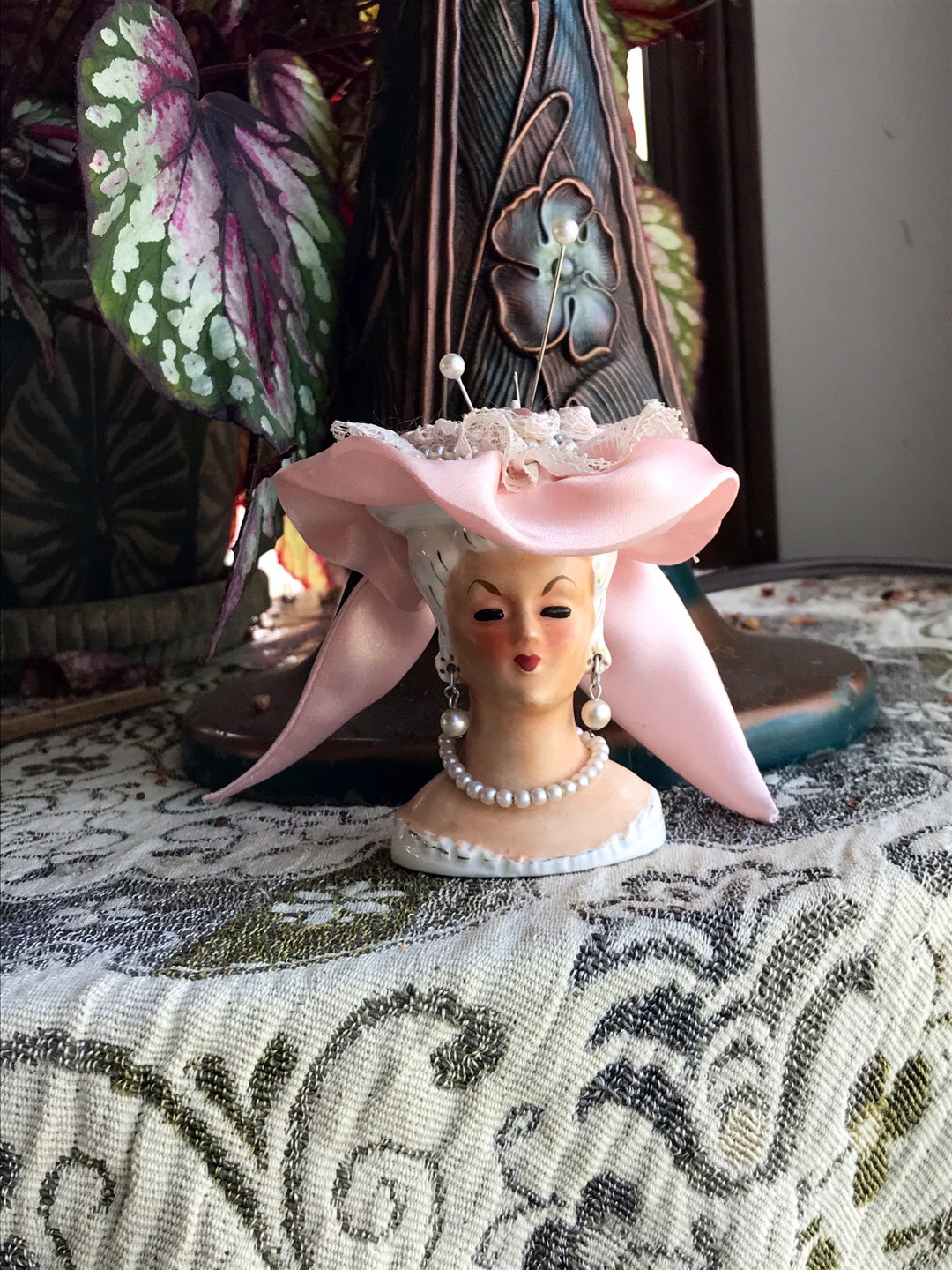 Vintage Japan Head Vase With Pin Cushion Hat Faux Pearl Etsy