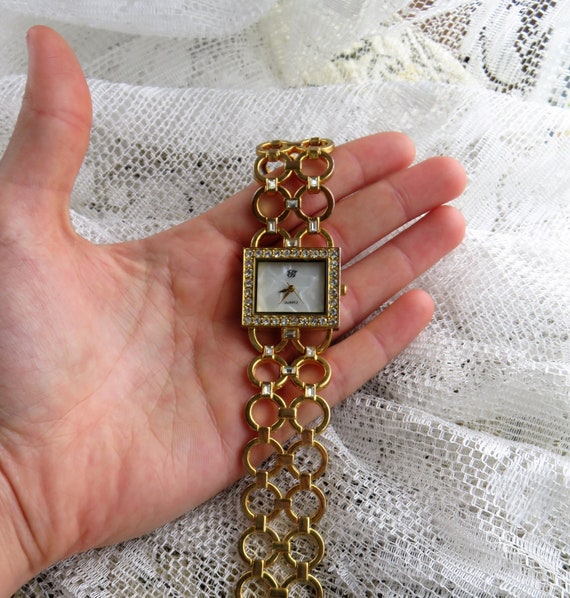 Vintage EJ Quartz Watch with Wide Linked Band, Square Watch Face, Faux Diamonds, and Pearly Background, Loose Fit, Not Working #287 5319 Vintage EJ Quartz Watch with Wide Linked Band, Square Watch Face, Faux Diamonds, and Pearly Background, Loose Fit, Not Working #287 5319