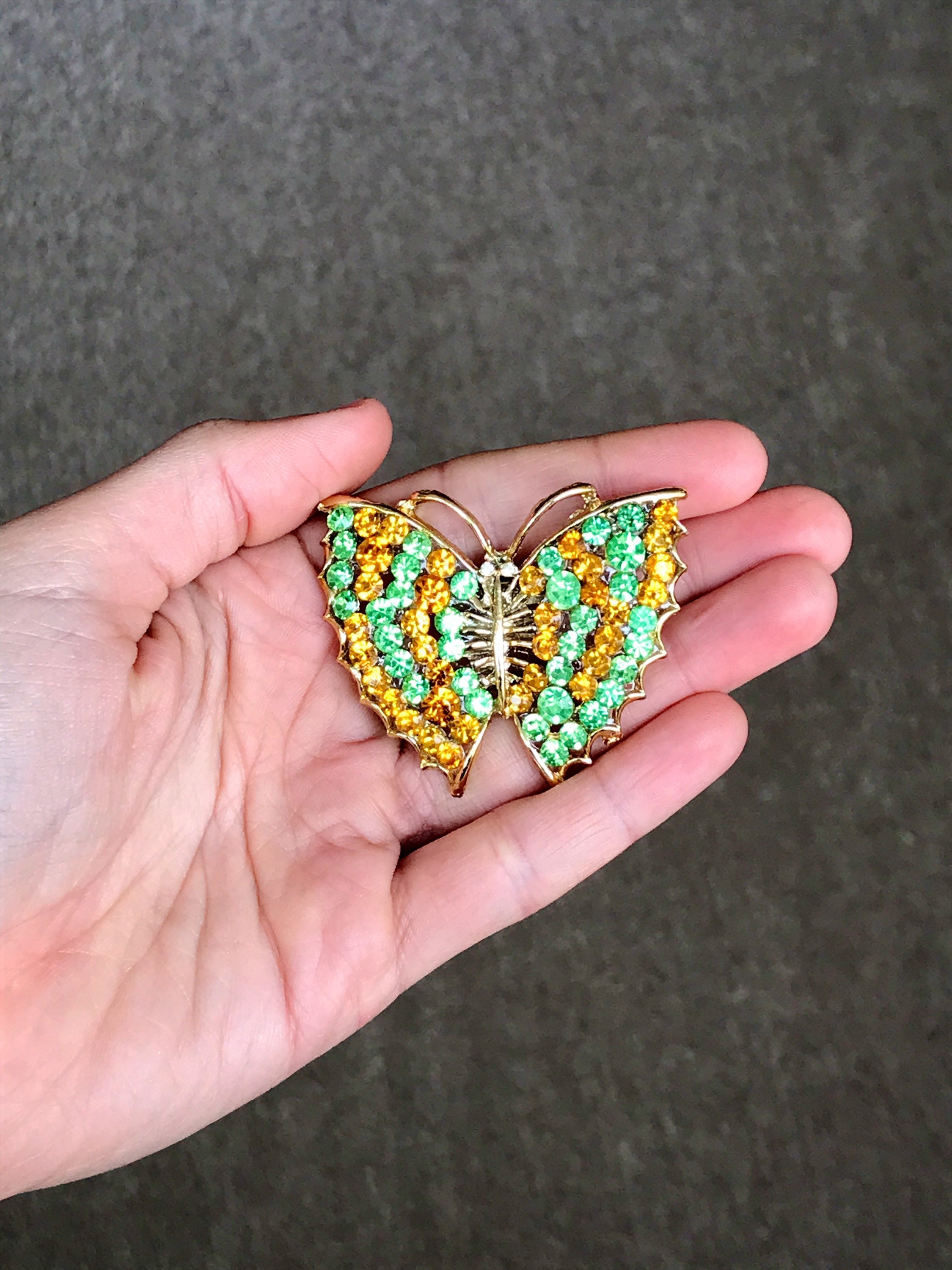 Broche Papillon Vintage En émail Et Strass - Tons Automne - Bijou Rétro - Occasion Excellent état