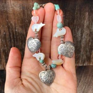 Vintage Carolyn Pollack Beaded Bracelet with Etched Sterling Heart Charms, Polar Bears, and Turquoise and Quartz Stone #4376