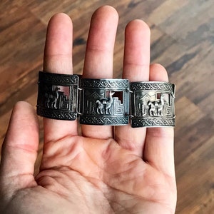Vintage Silver Panel Bracelet with Detailed Llama Scene with Cutouts and Embossed Details, Peruvian Landscape, Unique #3241