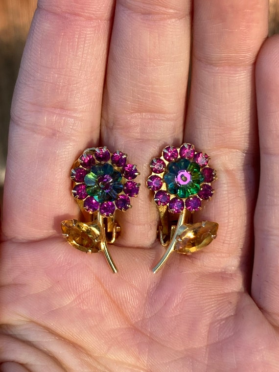 Vintage Clip on Flower Earrings with Rainbow Marg… - image 1
