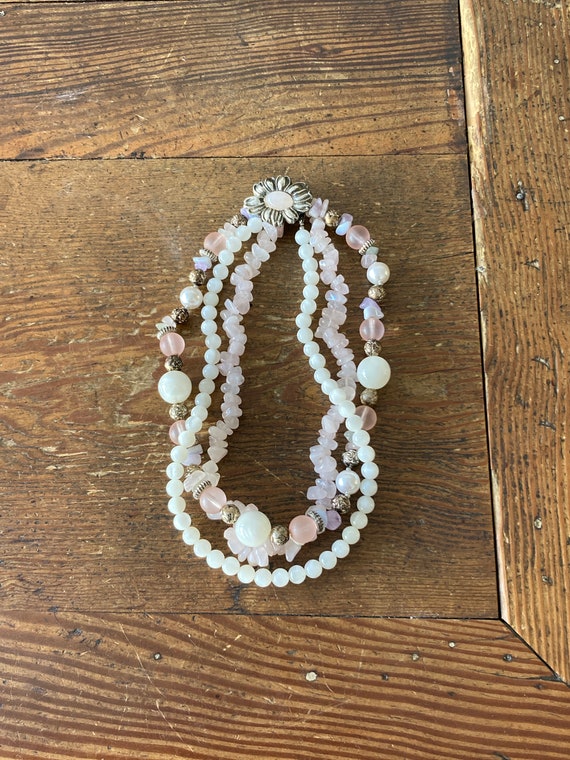 Vintage Triple Strand Necklace with Pink Quartz, S
