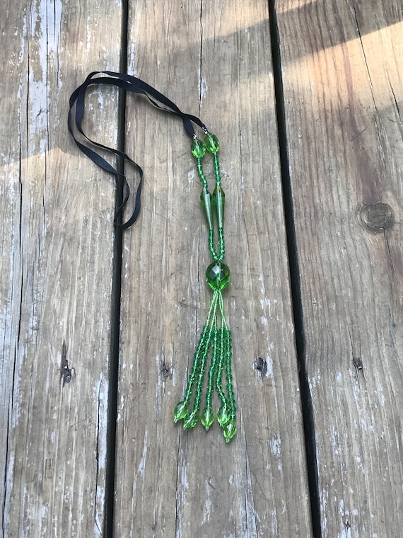 Extra Long 1920s Style Necklace with Beautiful Green Glass Beads and Dangling Tassels, Black Strand Top, Beveled Beads #3481