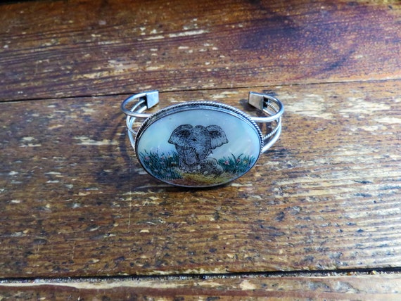 Vintage Cuff Bracelet with Scrimshaw-like Picture… - image 2