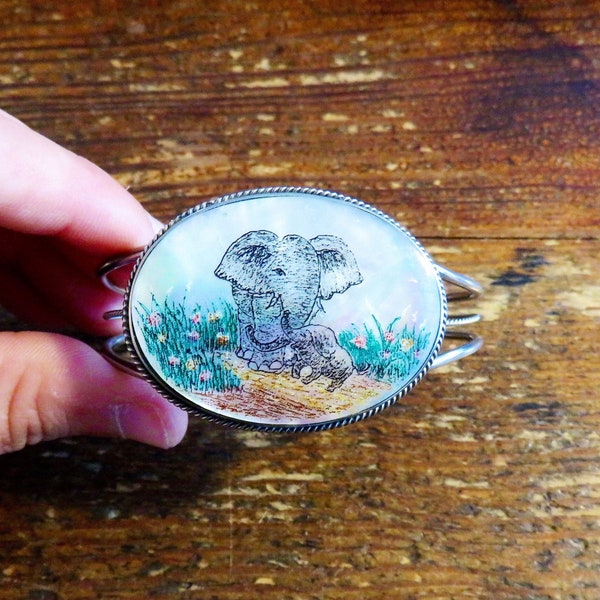 Vintage Cuff Bracelet with Scrimshaw-like Picture of Mom and Baby Elephant on an Oval Mother of Pearl Background, Silver Toned #322