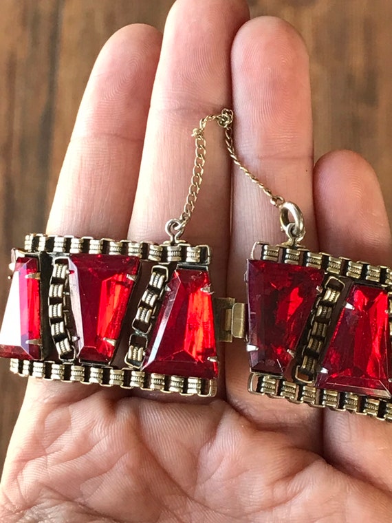Vintage Bracelet with Ruby Red Triangular Glass P… - image 6
