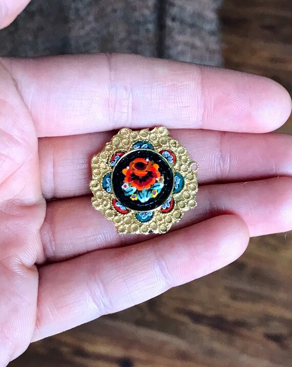 Vintage Micro Mosaic Brooch With Bright Orange Flower, Dark Border