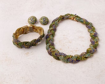 Vintage Les Bernard Jewelry Set Braided Design Studded with Ocean Blue, Aqua Blue, and Emerald Green Rhinesyones, Gold Toned #3998
