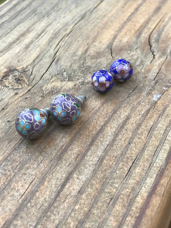 Pair of Enamel Cloisonné Ball Stud Earrings, Larg… - image 5