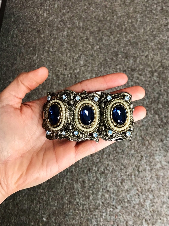 Vintage Costume Jewelry Bracelet With Large, Chunky Panels With Dark Blue  Oval Rhinestones, Faux Pearls in Gold and Silver Setting 3245 - Etsy