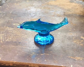 Vintage Signed Ron Ray 1995 Blue Glass Dolphin, Paperweight, Decoration, Collectible, Tiny Chip #2220