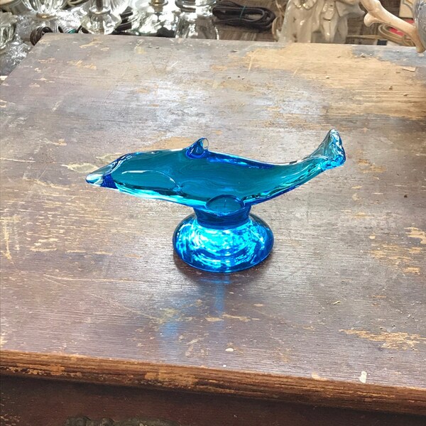 Vintage Signed Ron Ray 1995 Blue Glass Dolphin, Paperweight, Decoration, Collectible, Tiny Chip #2220