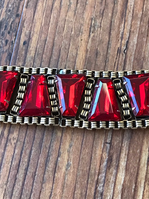 Vintage Bracelet with Ruby Red Triangular Glass P… - image 5