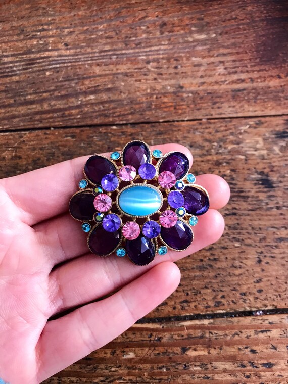 Vintage Costume Jewelry Brooch with Layered Rhine… - image 2