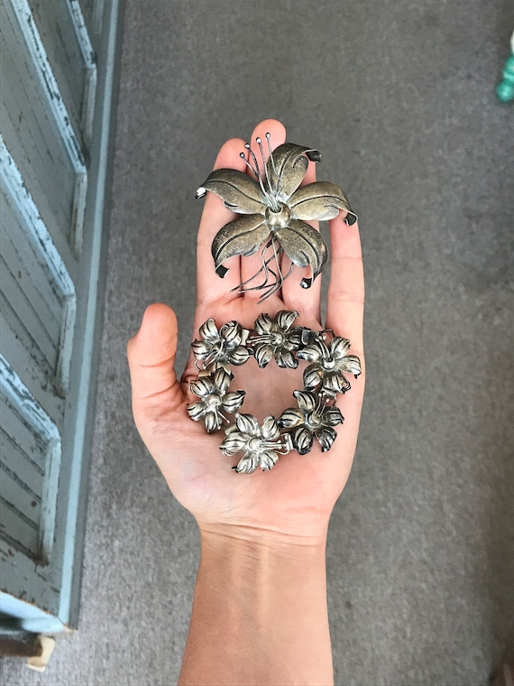 Vintage Taxco .980 Lily Flower Brooch and Bracele… - image 1