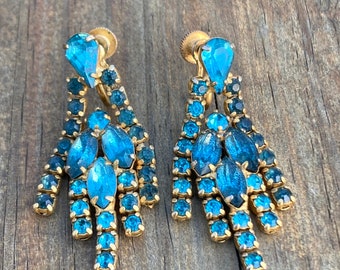 Vintage Dangling Screw back Earrings with Bright Blue Rhinestones and Gold Toned Settings #3635