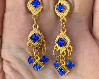Vintage ‘Snacks at the Ritz’ Dangling Earrings with Bright Blue, Diamond Shaped Rhinestones on Bright Gold Toned Settings #4121