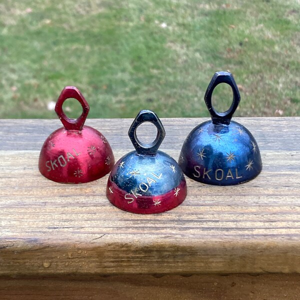 Set of Three Vintage Skoal Brass Enamel Bells with Etched Name and Stars, India, Christmastime Bells #4652