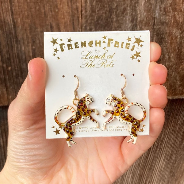 Vintage ‘French Fries’ by Lunch at the Ritz Earrings of Cheetah-like Wildcats with Sparkly, Spotted Fur, Original Card #4053