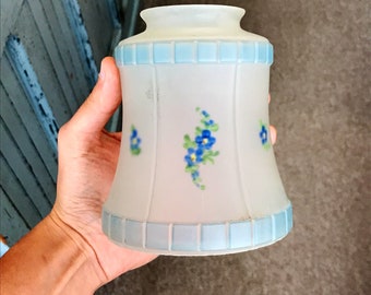 Vintage Frosted Glass, Reverse Painted Light Shade with Blue Flowers and Blue Square Border, 2 Inch Opening, Retro #2273