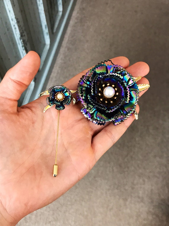 Vintage Flower Brooch and Stick Pin Pair with Iridescent, Curvy Petals that look like an Oil Spill, Faux Pearl Centers #2392