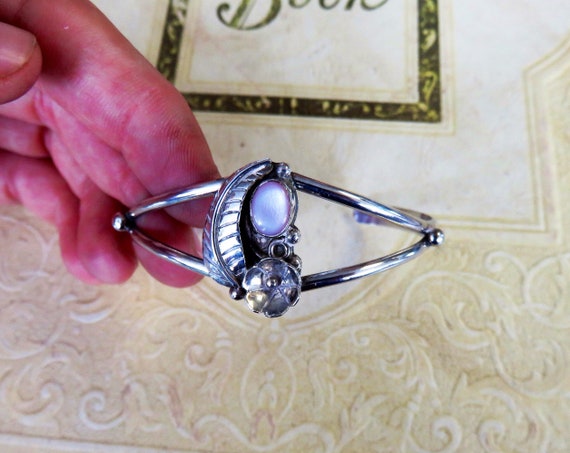 Sterling Cuff Bracelet with Detailed Flower and L… - image 1
