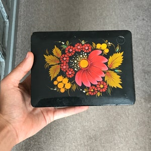Vintage Rectangular Black Lacquer Wooden Box with Vibrant Painted Flowers, Red Gold and Orange, Original Sticker #3435